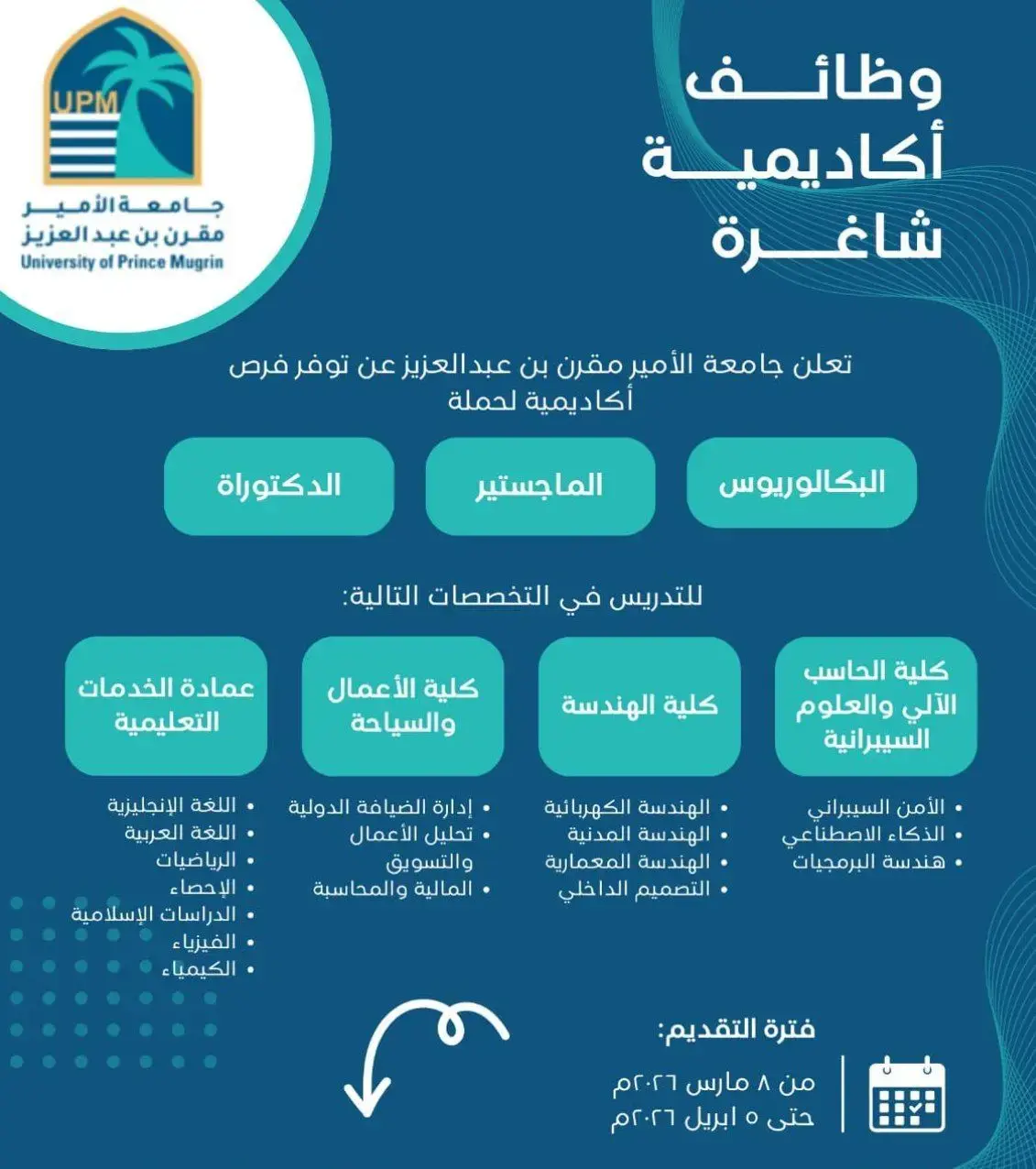 إعلان وظائف أكاديمية شاغرة في جامعة الأمير مقرن لحملة الماجستير