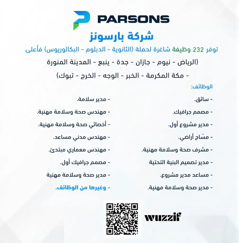 إعلان (201) وظيفة شاغرة في شركة بارسونز لحملة البكالوريوس فأعلى