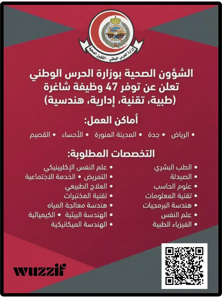 إعلان 47 وظيفة صحية وتقنية شاغرة في الشؤون الصحية بالحرس الوطني
