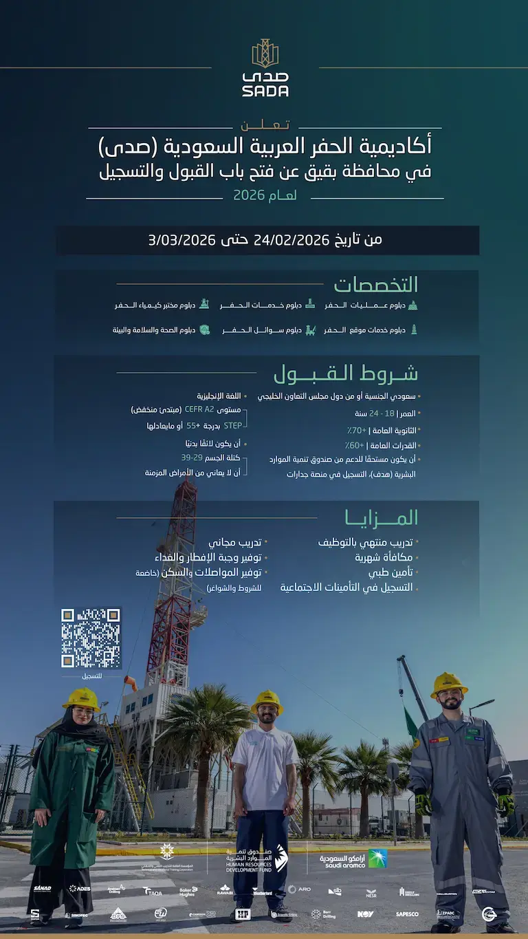 إعلان (6) برنامج تدريب منتهية بالتوظيف في أكاديمية الحفر العربية (صدى)