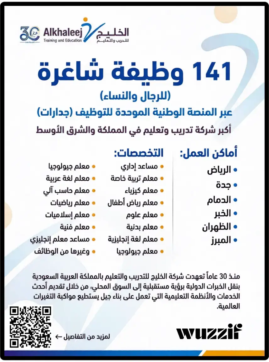 الخليج للتدريب والتعليم تعلن 141 وظيفة تعليمية شاغرة للرجال والنساء