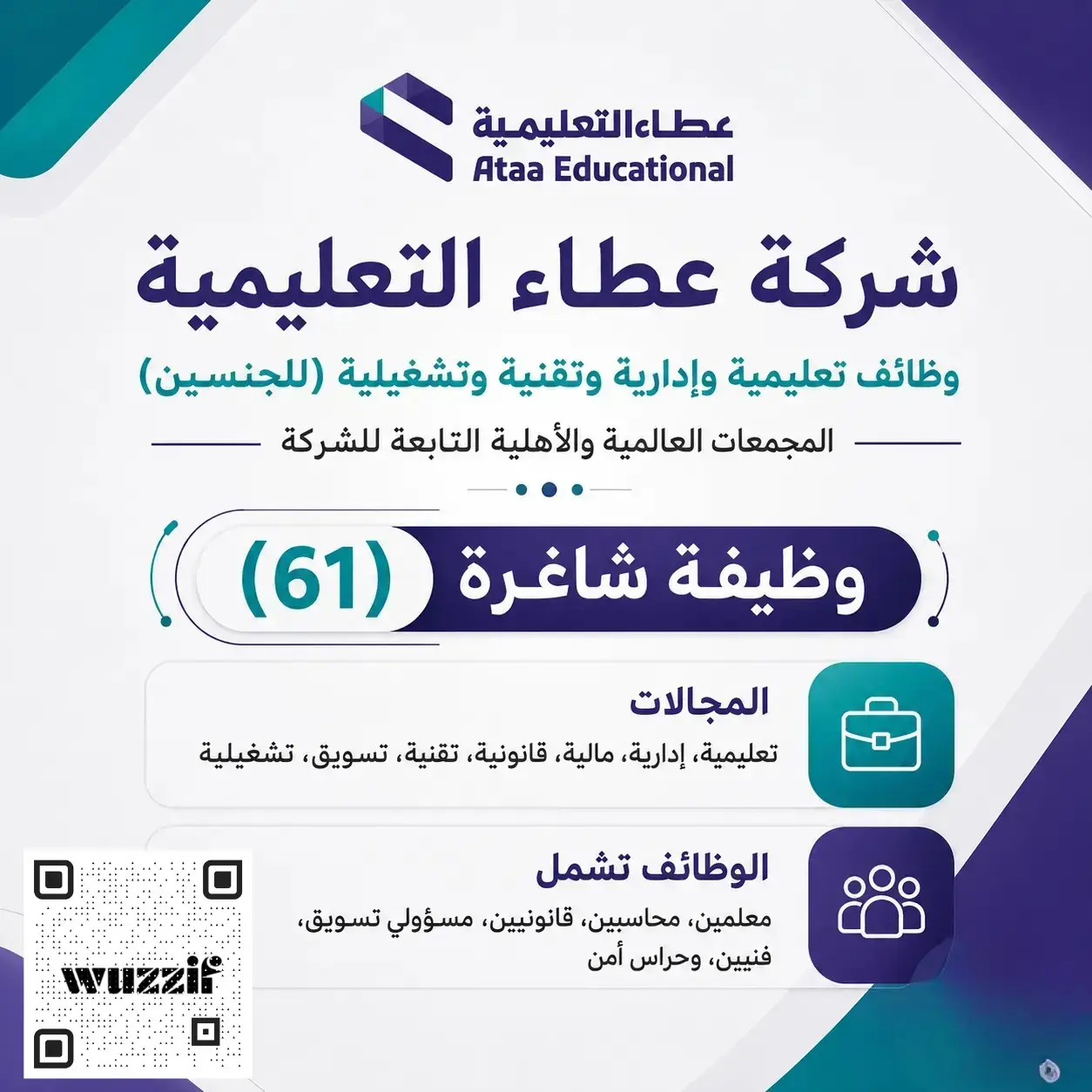شركة عطاء التعليمية تعلن (61) وظيفة تعليمية شاغرة للرجال والنساء