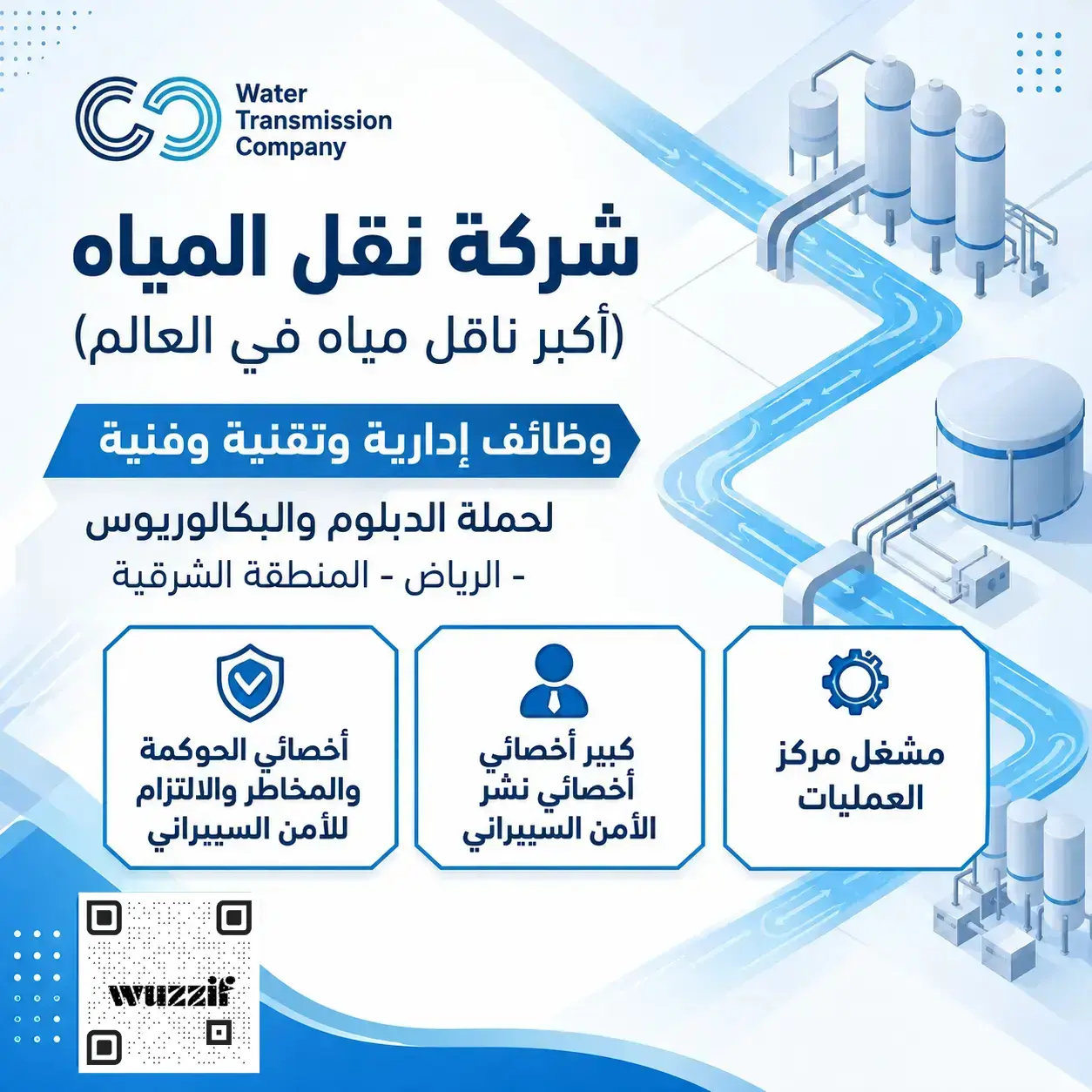 شركة نقل المياه تعلن (4) وظائف إدارية وتقنية شاغرة لحملة الدبلوم فأعلى