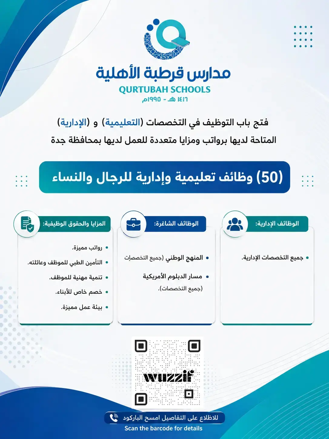 مدارس قرطبة الأهلية تعلن (50) وظيفة تعليمية وإدارية في مختلف التخصصات بجدة