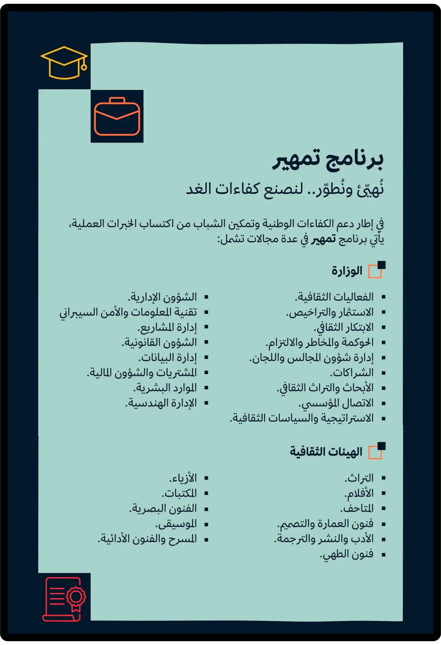 وزارة الثقافة تعلن فرص تدريبية عبر برنامج تمهير لحديثي التخرج