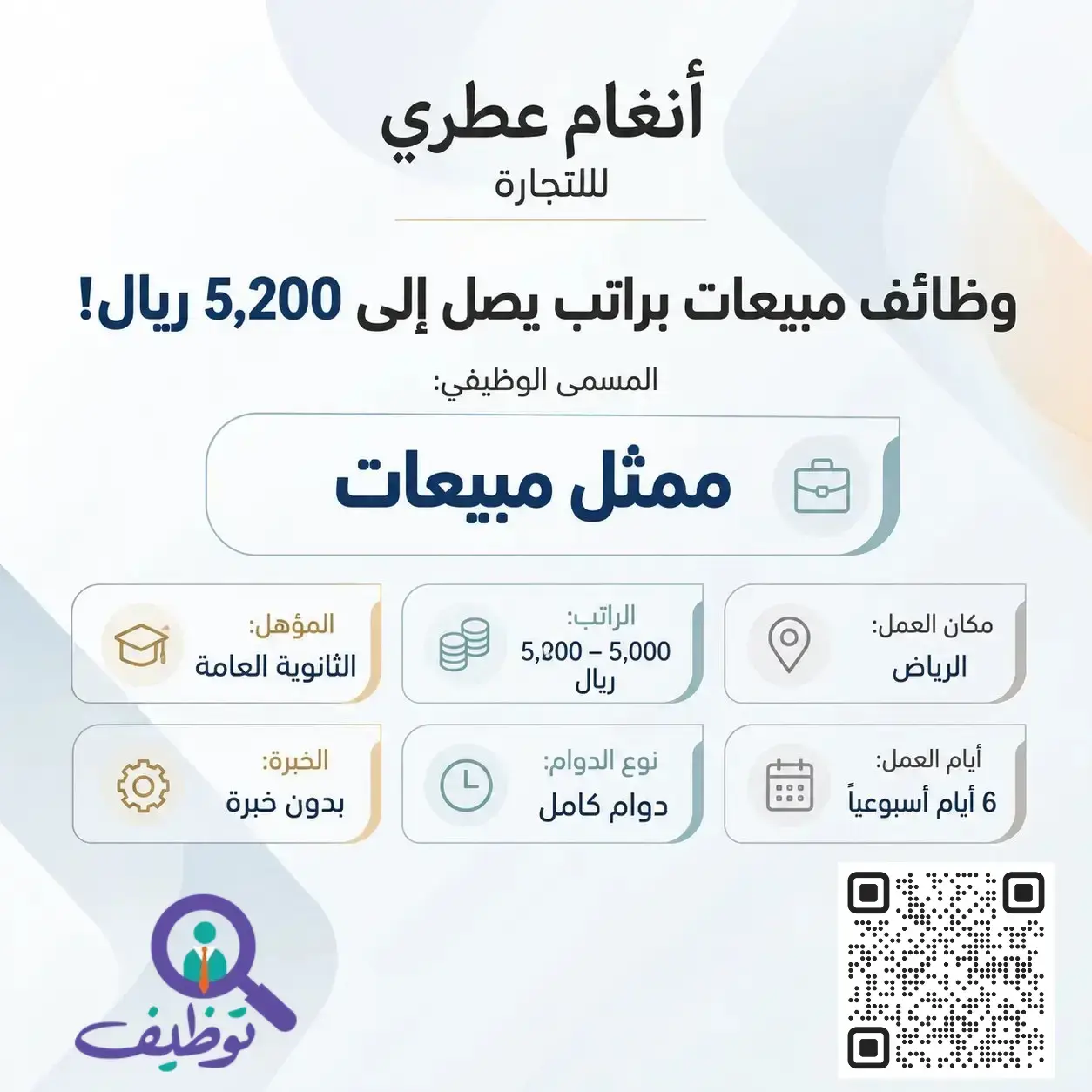 وظائف ممثل مبيعات في شركة أنغام عطري للتجارة بالرياض براتب 5200 ريال