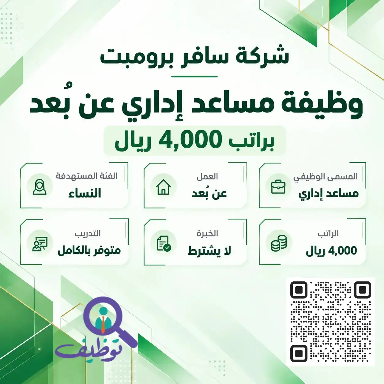 وظيفة موظف استقبال عن بُعد لدى شركة سافر برومبت للسعوديات من ذوات الإعاقة براتب 4000 ريال