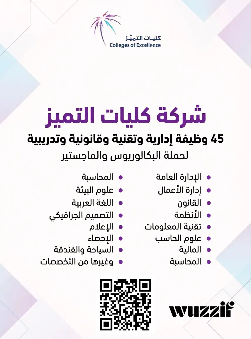 45 وظيفة شاغرة في شركة كليات التميز لحملة البكالوريوس والماجستير – عدة مدن
